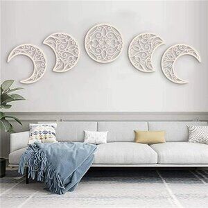Nordic Wood Moon Phase Wall Art (5 Pieces) - Natural Design, Boho Bedroom